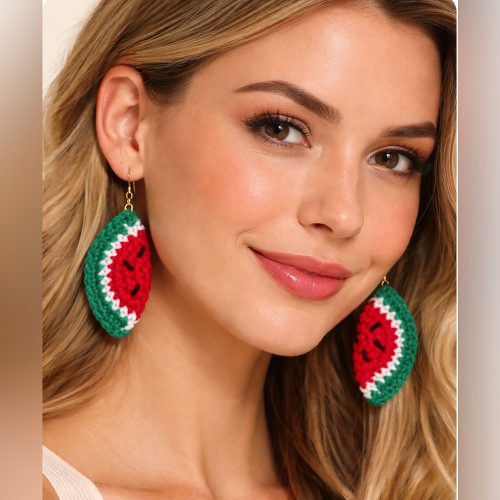 Watermelon Handmade Crochet Slice Earrings Soft Cotton